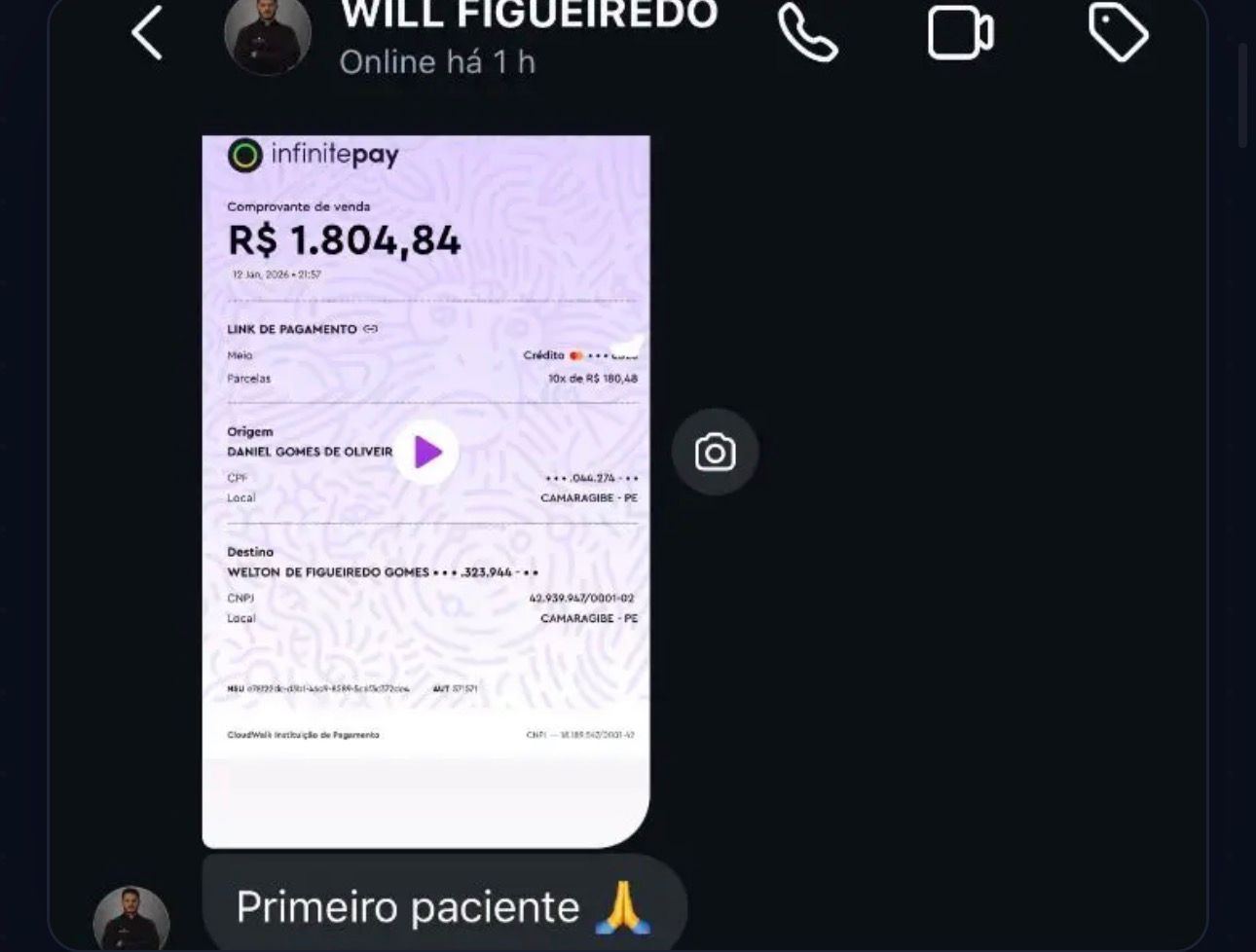 Primeiro paciente, R$ 1.804