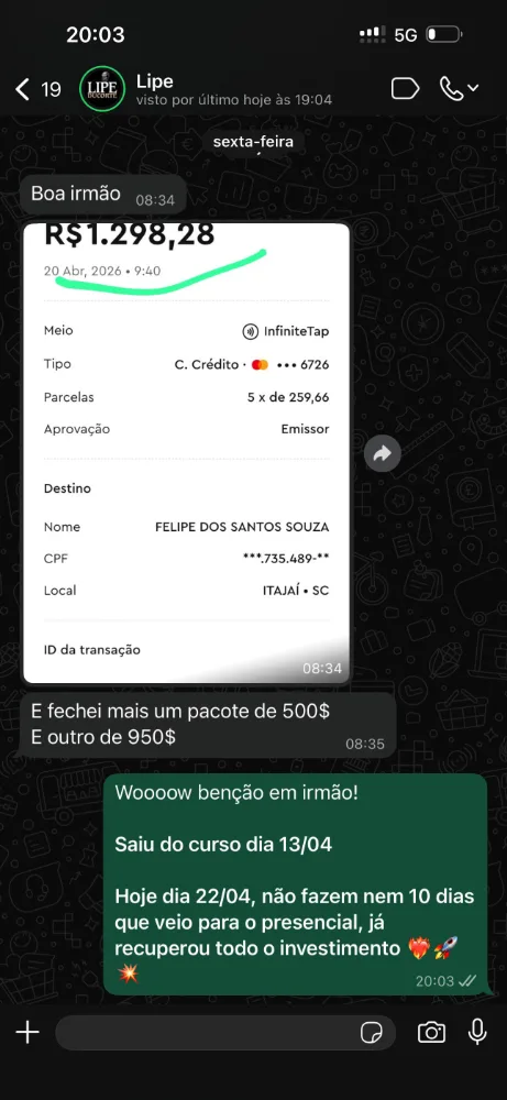 Comprovante de R$ 2.239 — 10 sessões