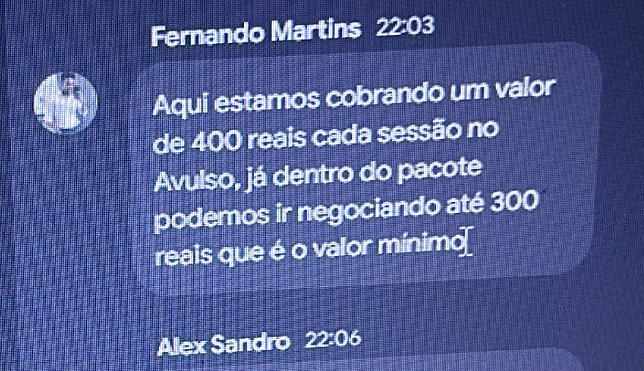 Depoimento: aluno cobrando R$ 400 por sessão avulsa